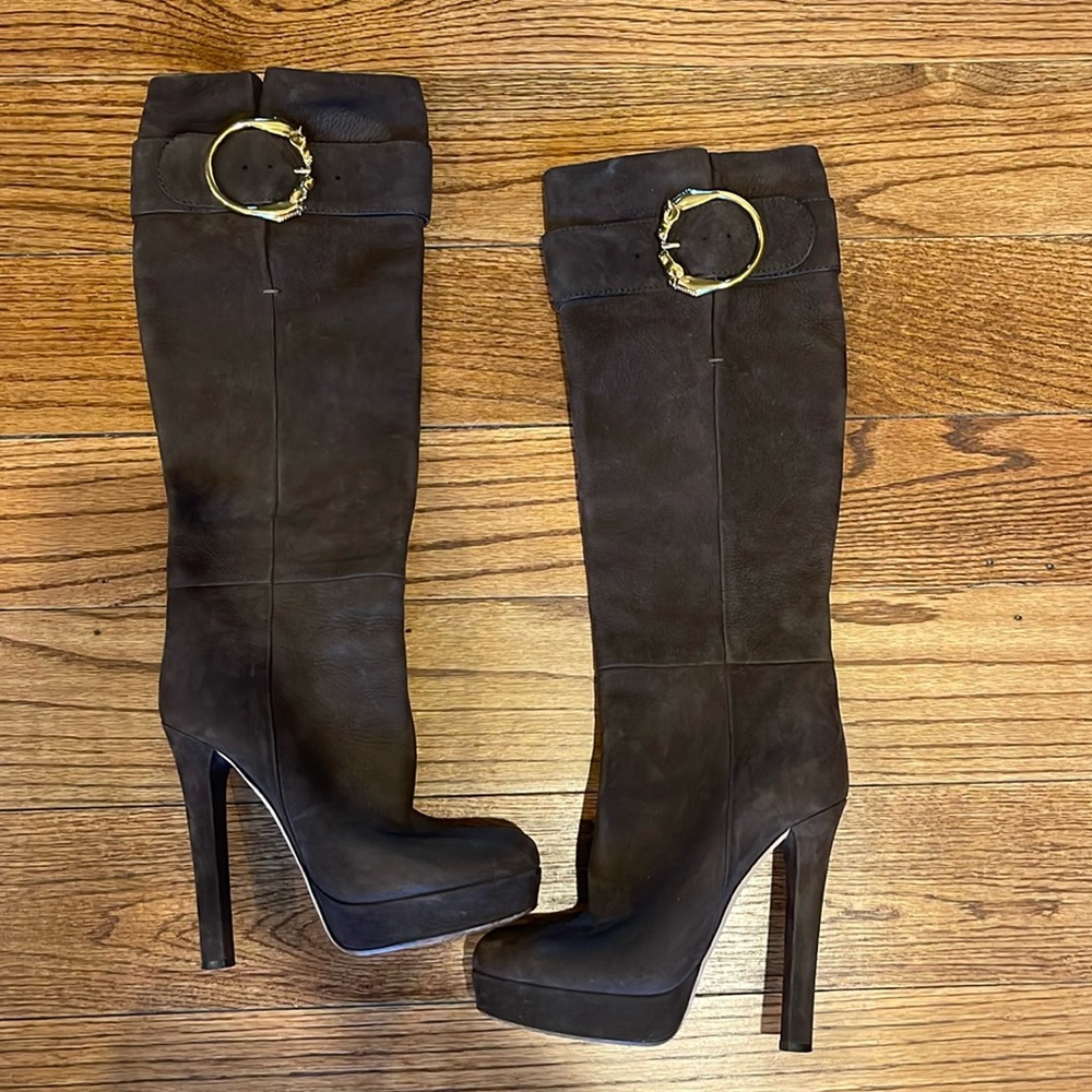 Gucci Black Heeled Boots with Gold Buckle